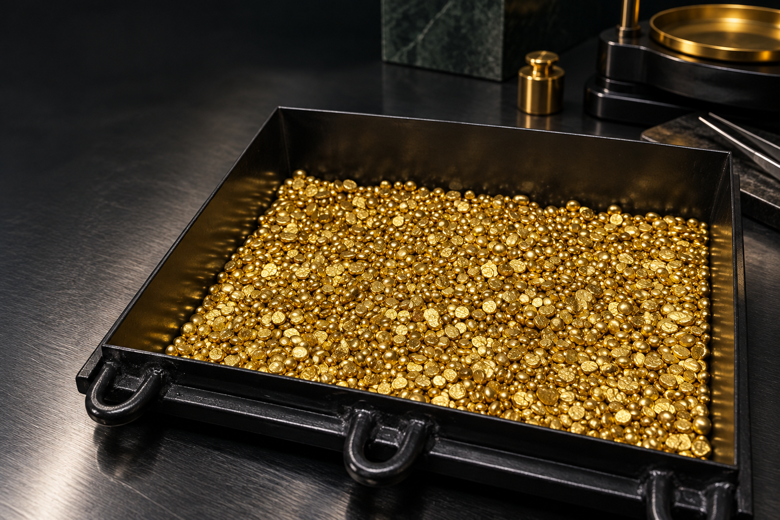 Gold nuggets and assay tray